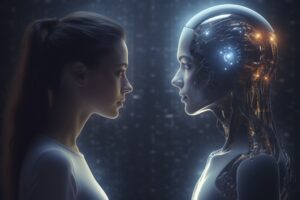 Perfil de una mujer y una androide con circuitos internos iluminados mirándose frente a frente representado la IA y la creatividad humana